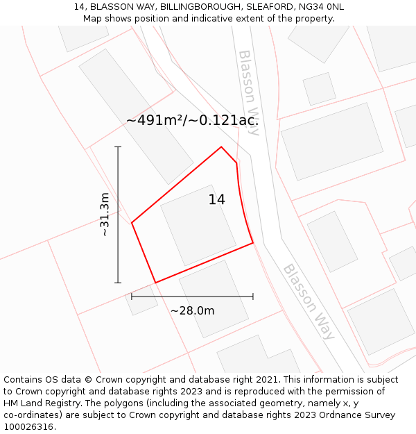 14, BLASSON WAY, BILLINGBOROUGH, SLEAFORD, NG34 0NL: Plot and title map