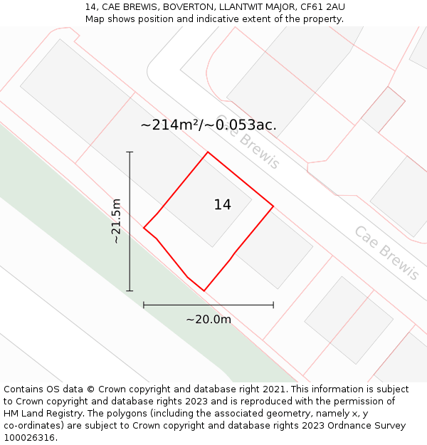 14, CAE BREWIS, BOVERTON, LLANTWIT MAJOR, CF61 2AU: Plot and title map