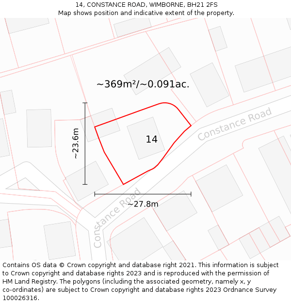 14, CONSTANCE ROAD, WIMBORNE, BH21 2FS: Plot and title map