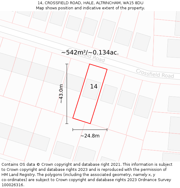 14, CROSSFIELD ROAD, HALE, ALTRINCHAM, WA15 8DU: Plot and title map