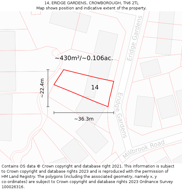 14, ERIDGE GARDENS, CROWBOROUGH, TN6 2TL: Plot and title map