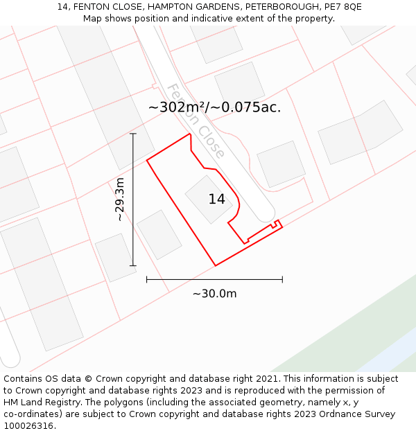 14, FENTON CLOSE, HAMPTON GARDENS, PETERBOROUGH, PE7 8QE: Plot and title map