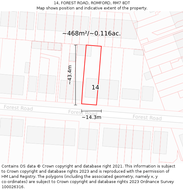 14, FOREST ROAD, ROMFORD, RM7 8DT: Plot and title map