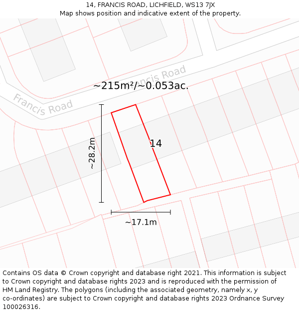 14, FRANCIS ROAD, LICHFIELD, WS13 7JX: Plot and title map