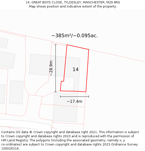 14, GREAT BOYS CLOSE, TYLDESLEY, MANCHESTER, M29 8RG: Plot and title map