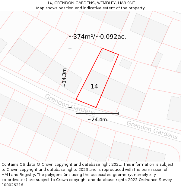 14, GRENDON GARDENS, WEMBLEY, HA9 9NE: Plot and title map