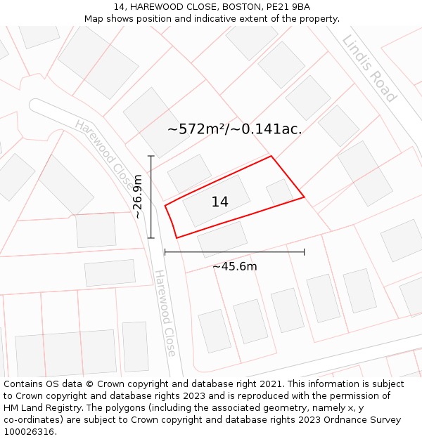 14, HAREWOOD CLOSE, BOSTON, PE21 9BA: Plot and title map