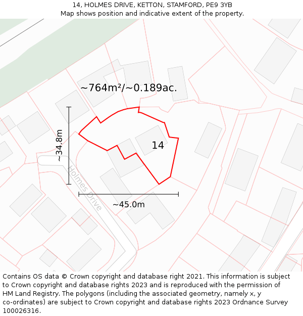 14, HOLMES DRIVE, KETTON, STAMFORD, PE9 3YB: Plot and title map