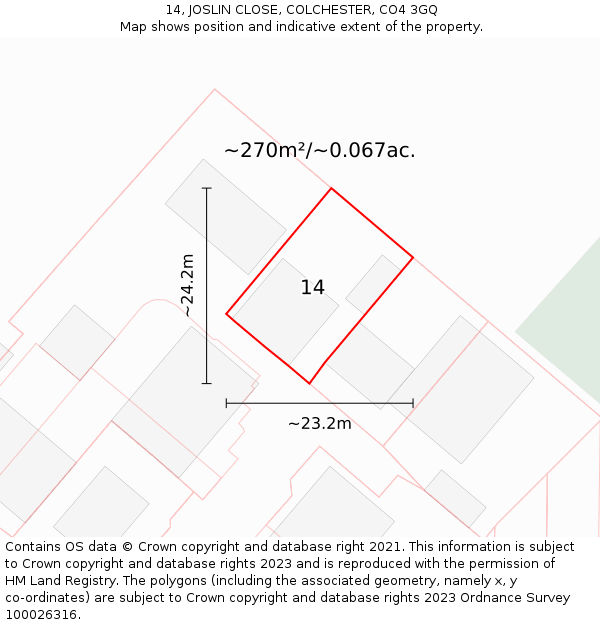 14, JOSLIN CLOSE, COLCHESTER, CO4 3GQ: Plot and title map