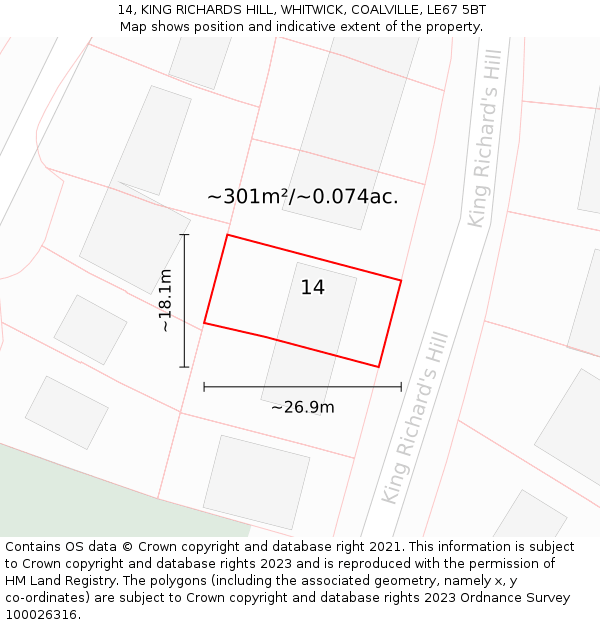 14, KING RICHARDS HILL, WHITWICK, COALVILLE, LE67 5BT: Plot and title map