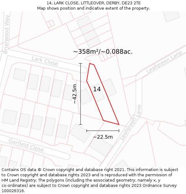 14, LARK CLOSE, LITTLEOVER, DERBY, DE23 2TE: Plot and title map