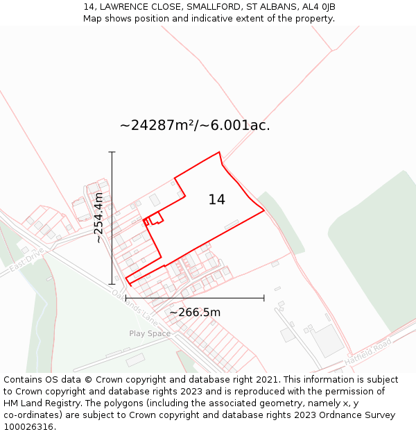 14, LAWRENCE CLOSE, SMALLFORD, ST ALBANS, AL4 0JB: Plot and title map