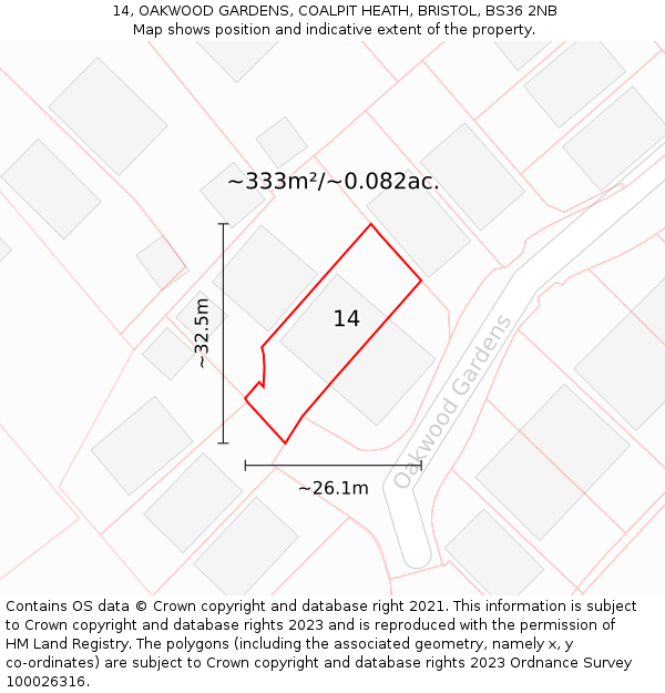 14, OAKWOOD GARDENS, COALPIT HEATH, BRISTOL, BS36 2NB: Plot and title map