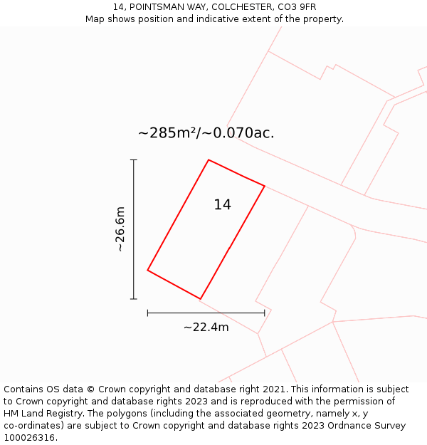 14, POINTSMAN WAY, COLCHESTER, CO3 9FR: Plot and title map