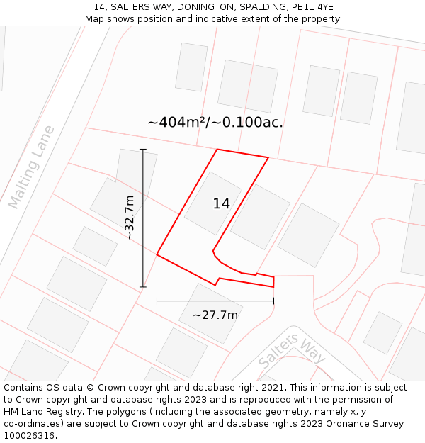 14, SALTERS WAY, DONINGTON, SPALDING, PE11 4YE: Plot and title map