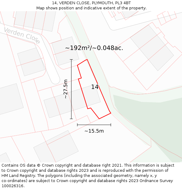 14, VERDEN CLOSE, PLYMOUTH, PL3 4BT: Plot and title map