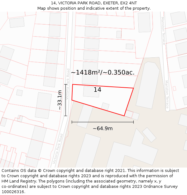 14, VICTORIA PARK ROAD, EXETER, EX2 4NT: Plot and title map