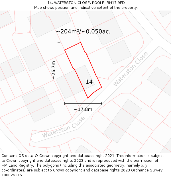 14, WATERSTON CLOSE, POOLE, BH17 9FD: Plot and title map