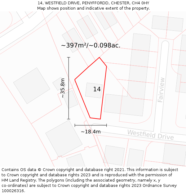 14, WESTFIELD DRIVE, PENYFFORDD, CHESTER, CH4 0HY: Plot and title map