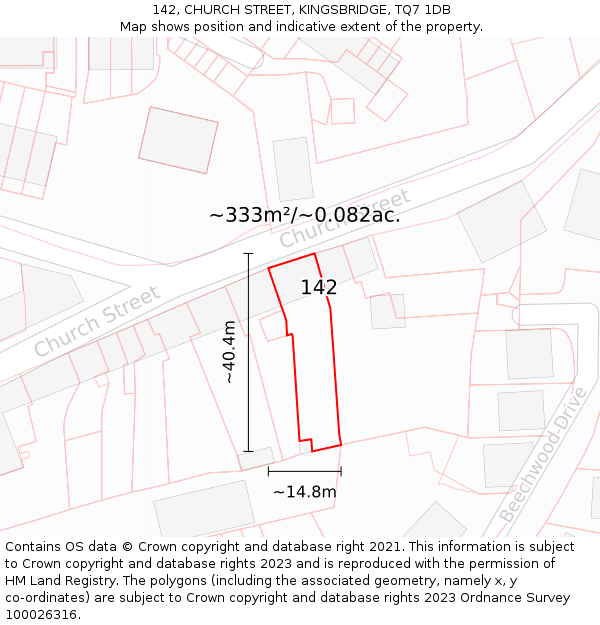 142, CHURCH STREET, KINGSBRIDGE, TQ7 1DB: Plot and title map