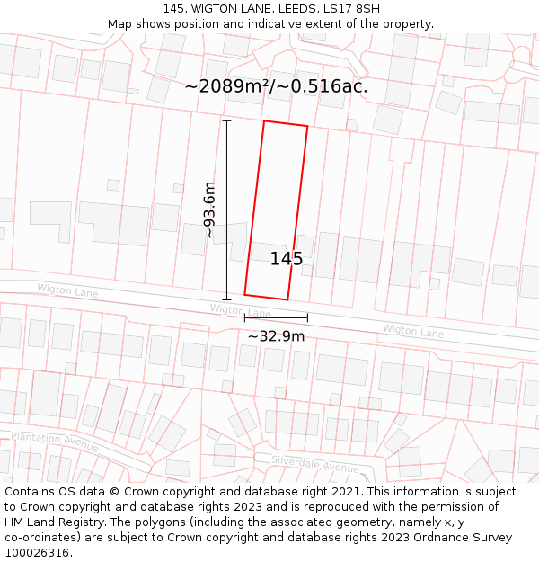 145, WIGTON LANE, LEEDS, LS17 8SH: Plot and title map