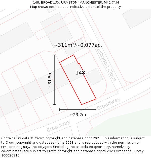 148, BROADWAY, URMSTON, MANCHESTER, M41 7NN: Plot and title map