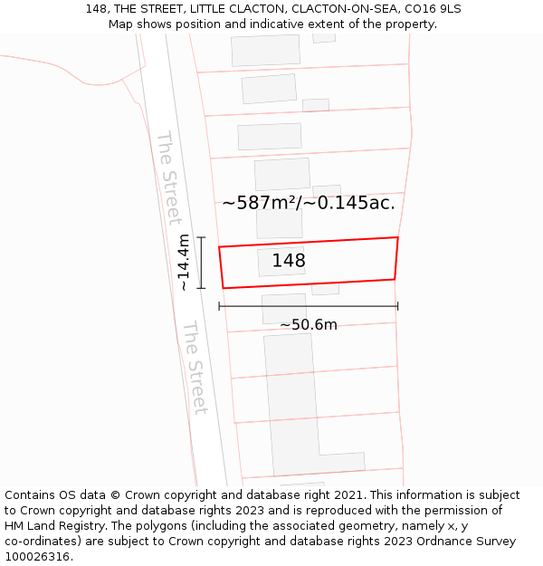 148, THE STREET, LITTLE CLACTON, CLACTON-ON-SEA, CO16 9LS: Plot and title map