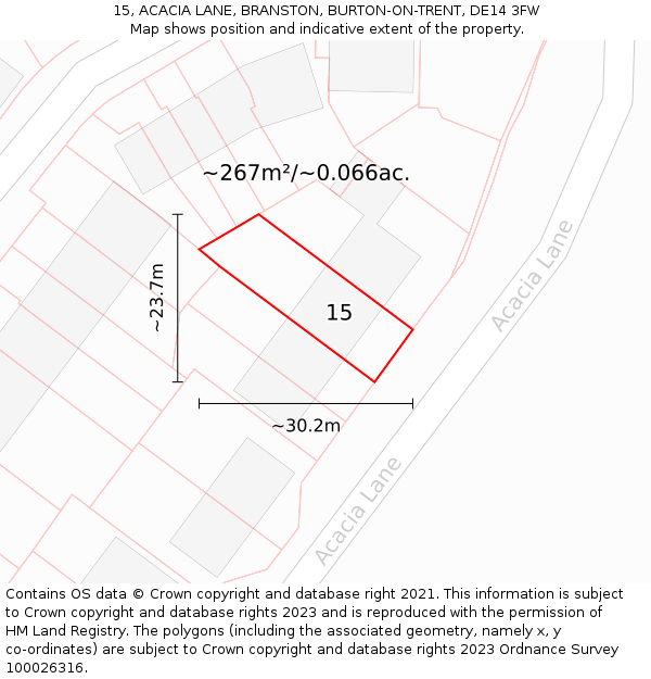 15, ACACIA LANE, BRANSTON, BURTON-ON-TRENT, DE14 3FW: Plot and title map