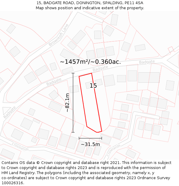 15, BADGATE ROAD, DONINGTON, SPALDING, PE11 4SA: Plot and title map