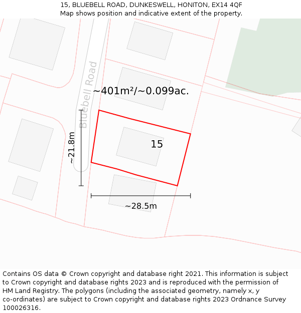 15, BLUEBELL ROAD, DUNKESWELL, HONITON, EX14 4QF: Plot and title map