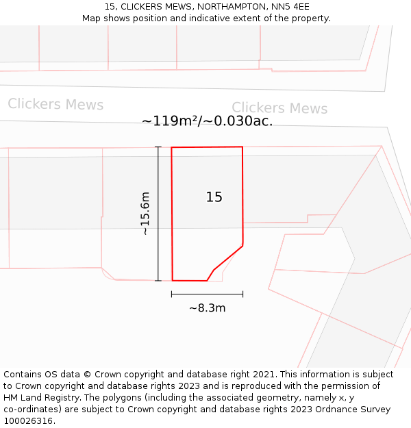 15, CLICKERS MEWS, NORTHAMPTON, NN5 4EE: Plot and title map