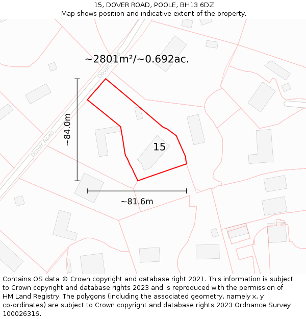 15, DOVER ROAD, POOLE, BH13 6DZ: Plot and title map