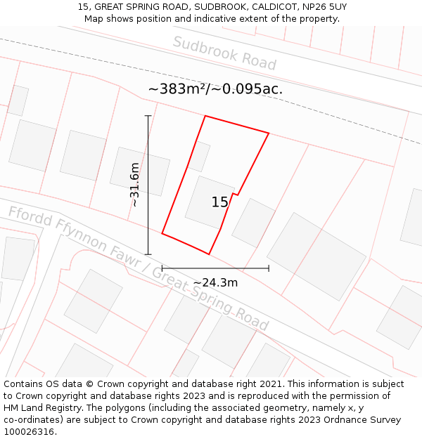 15, GREAT SPRING ROAD, SUDBROOK, CALDICOT, NP26 5UY: Plot and title map