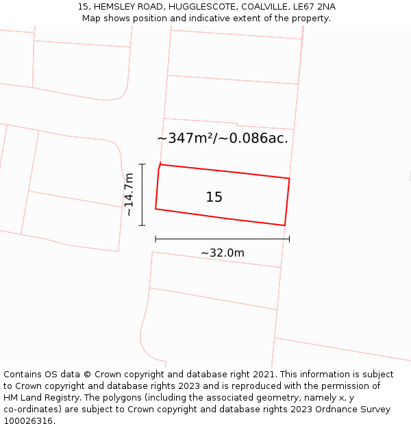 15, HEMSLEY ROAD, HUGGLESCOTE, COALVILLE, LE67 2NA: Plot and title map