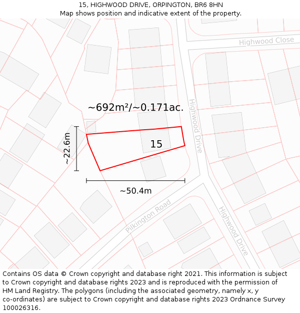 15, HIGHWOOD DRIVE, ORPINGTON, BR6 8HN: Plot and title map