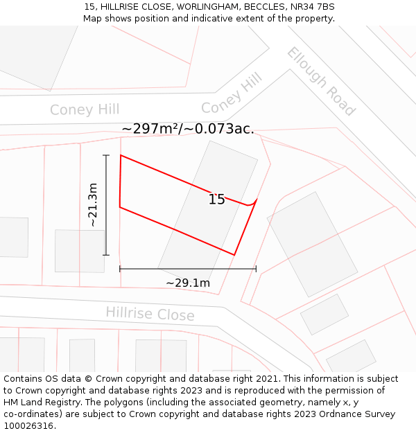 15, HILLRISE CLOSE, WORLINGHAM, BECCLES, NR34 7BS: Plot and title map