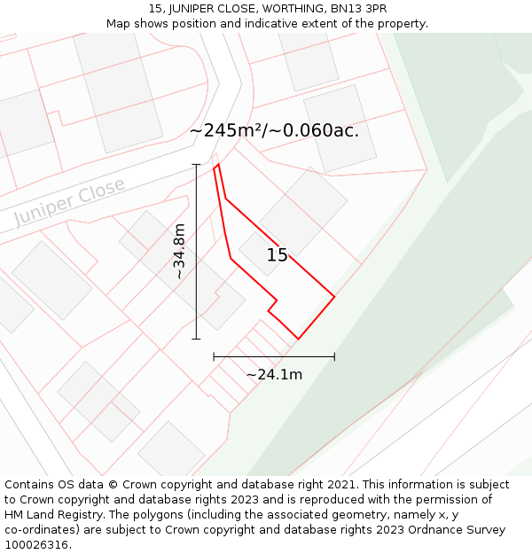 15, JUNIPER CLOSE, WORTHING, BN13 3PR: Plot and title map