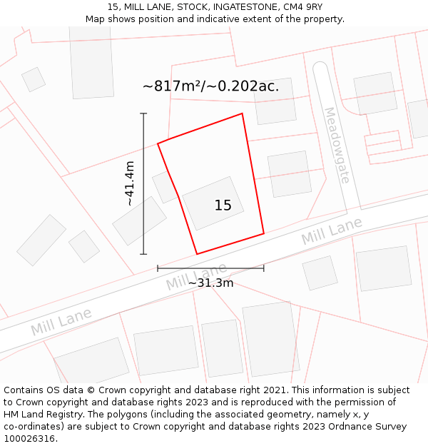 15, MILL LANE, STOCK, INGATESTONE, CM4 9RY: Plot and title map