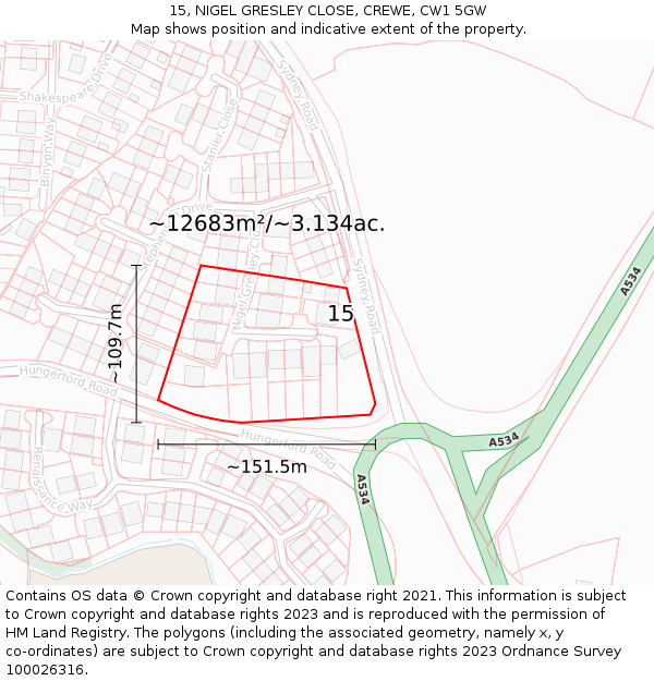 15, NIGEL GRESLEY CLOSE, CREWE, CW1 5GW: Plot and title map