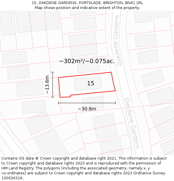 15, OAKDENE GARDENS, PORTSLADE, BRIGHTON, BN41 2RL: Plot and title map