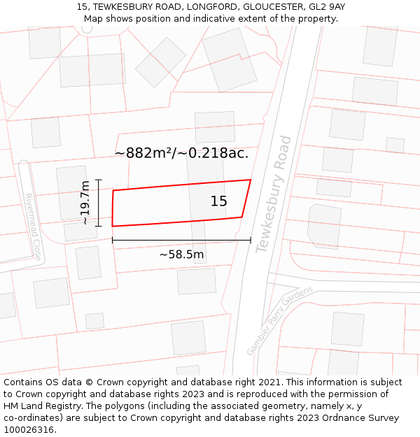 15, TEWKESBURY ROAD, LONGFORD, GLOUCESTER, GL2 9AY: Plot and title map