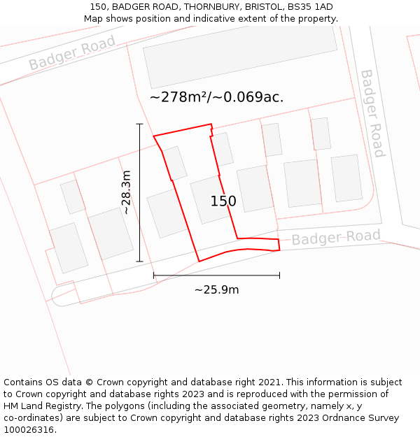 150, BADGER ROAD, THORNBURY, BRISTOL, BS35 1AD: Plot and title map