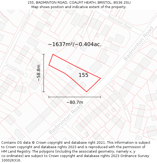 155, BADMINTON ROAD, COALPIT HEATH, BRISTOL, BS36 2SU: Plot and title map