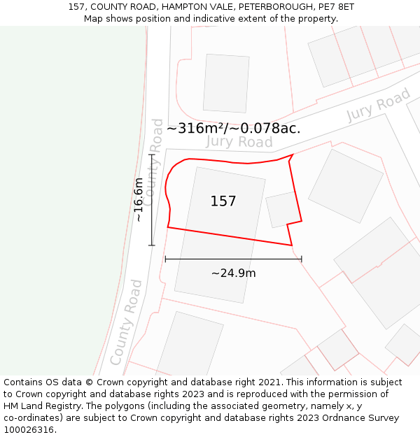 157, COUNTY ROAD, HAMPTON VALE, PETERBOROUGH, PE7 8ET: Plot and title map