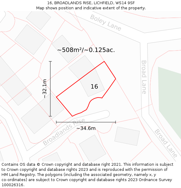 16, BROADLANDS RISE, LICHFIELD, WS14 9SF: Plot and title map