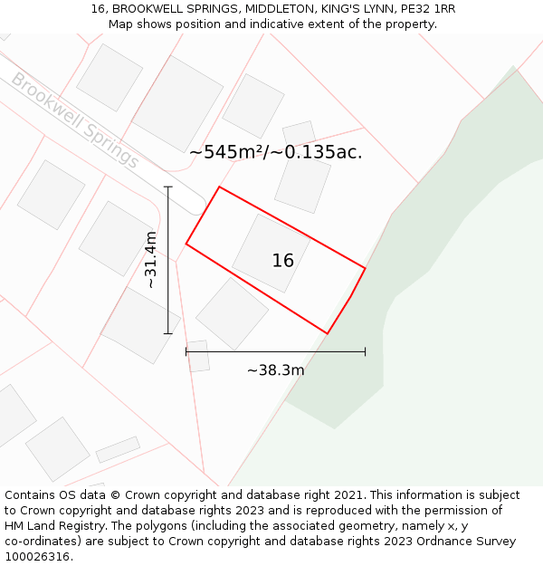 16, BROOKWELL SPRINGS, MIDDLETON, KING'S LYNN, PE32 1RR: Plot and title map