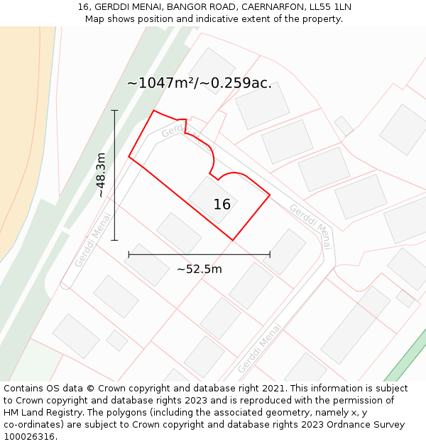 16, GERDDI MENAI, BANGOR ROAD, CAERNARFON, LL55 1LN: Plot and title map