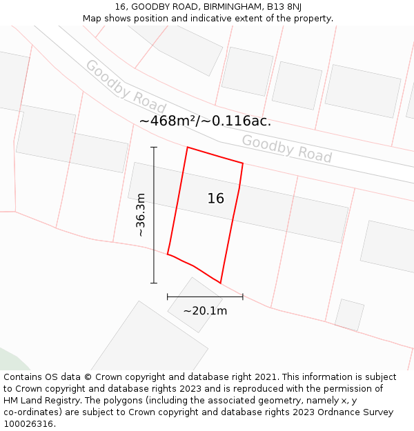 16, GOODBY ROAD, BIRMINGHAM, B13 8NJ: Plot and title map