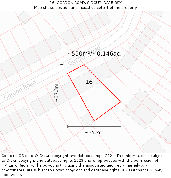 16, GORDON ROAD, SIDCUP, DA15 8SX: Plot and title map