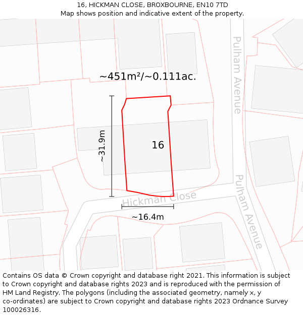 16, HICKMAN CLOSE, BROXBOURNE, EN10 7TD: Plot and title map